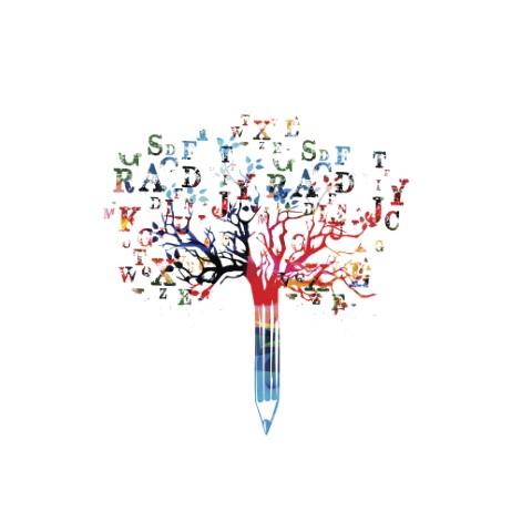 a tree with a pencil trunk and letters on the branches