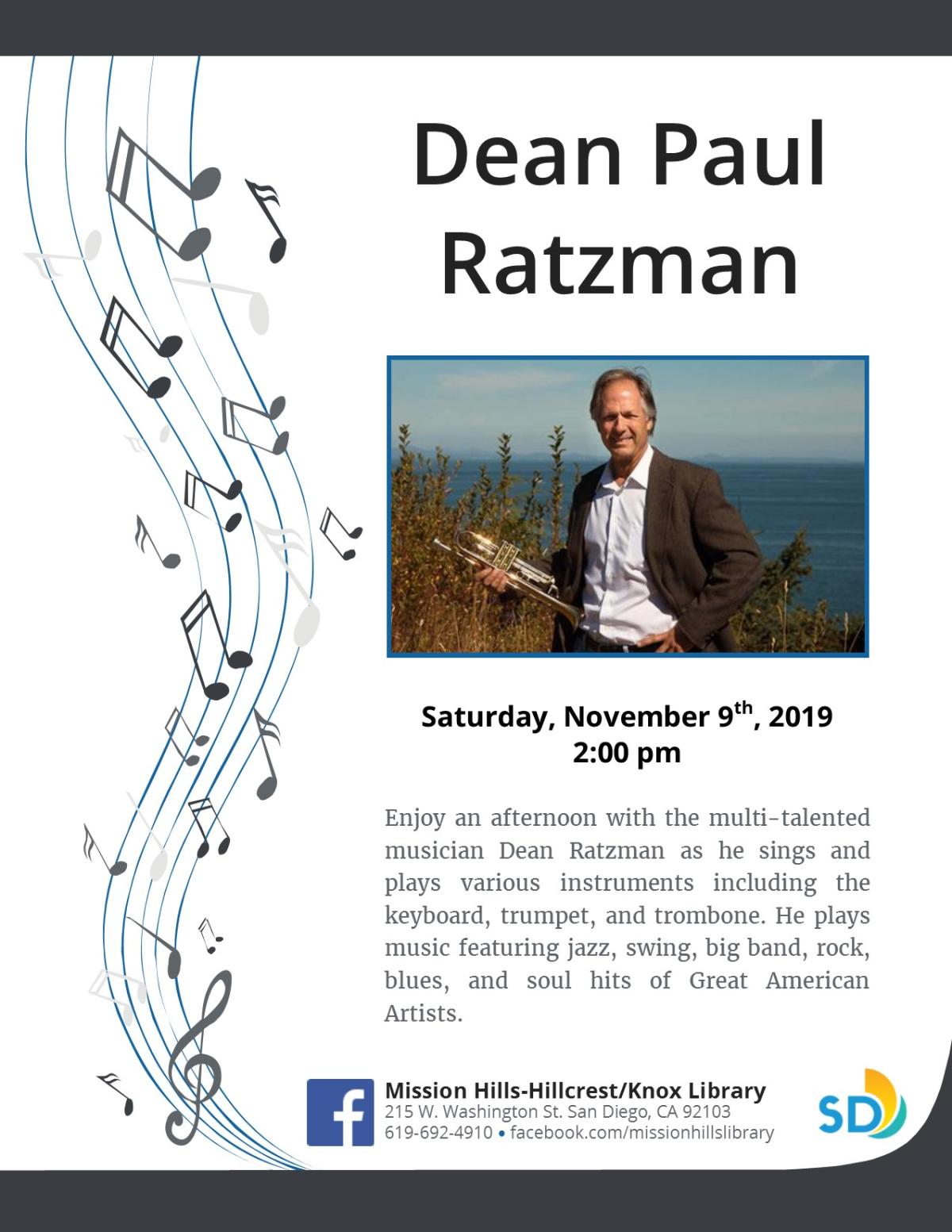 Picture of Dean Paul Ratzman with description of his music.