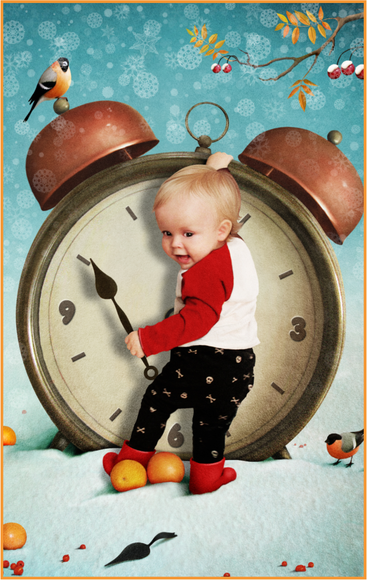 Baby climbing on an oversized alarm clock.