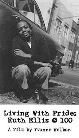 Middle age Ruth Ellis squatting against the side of a car and looking ahead