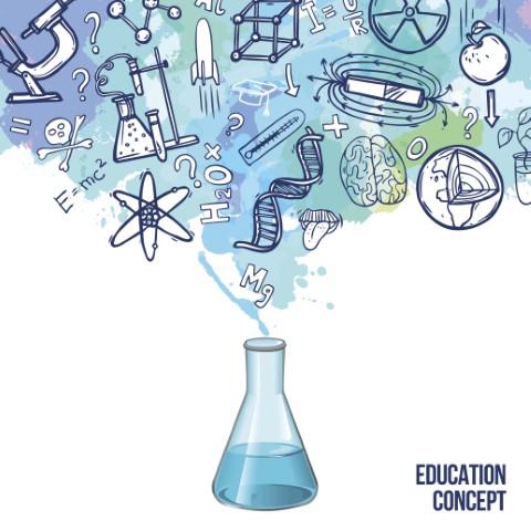 Illustration of scientific symbols coming out of a beaker