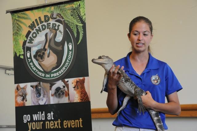 Woman holding a cayman with the Wild Wonders poster in background