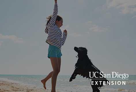 A girl and a dog jumping at the beach