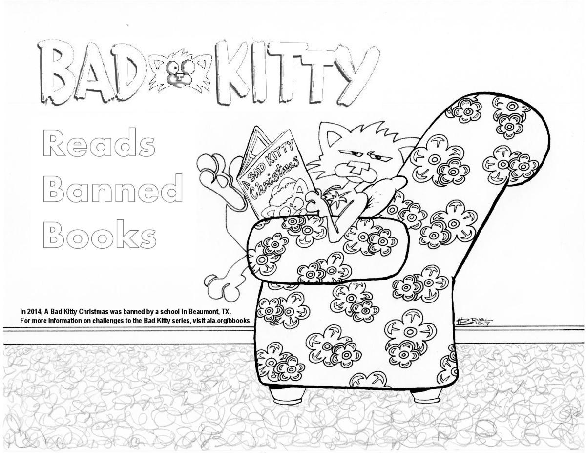 coloring page of Bad Kitty character sitting in a flowered easy chair reading banned book _Bad Kitty Christmas_