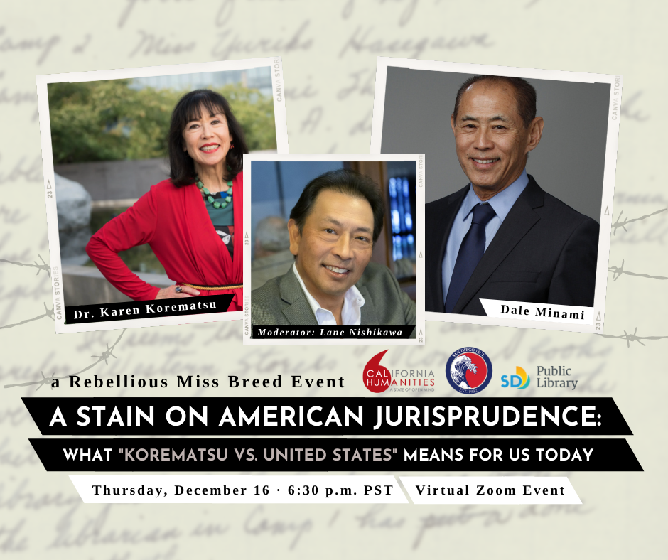 Graphic with photos of speakers Sharon Korematsu, Dale Minami an Lane Nishikawa