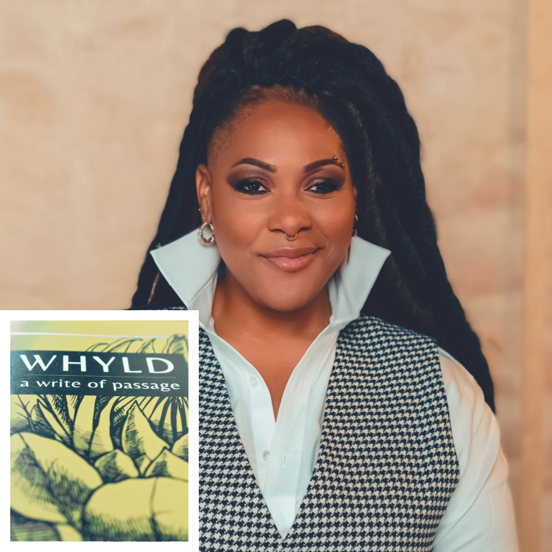 Photograph of Azure Antoinette and a copy of her book, Whyld.