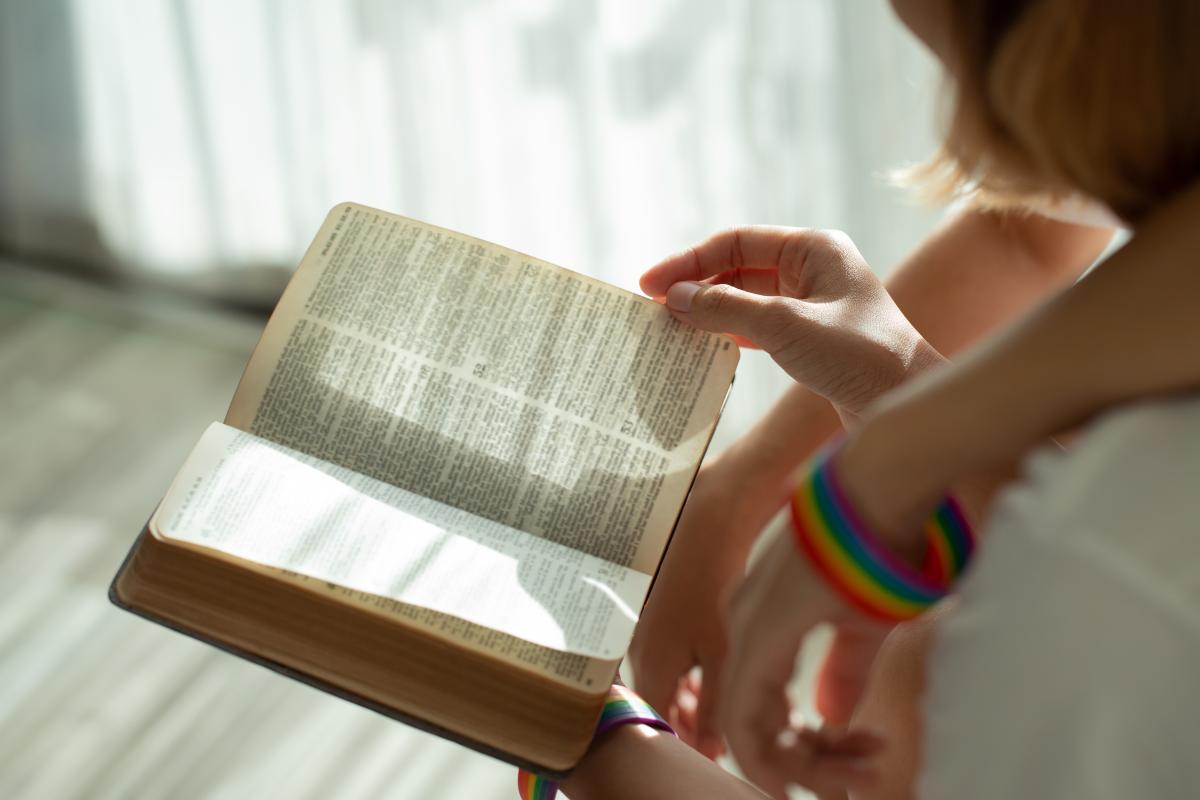 Two white people of indeteriminate gender reading an old book in a sunny room. They both are wearing a bracelet with a rainbow pattern 