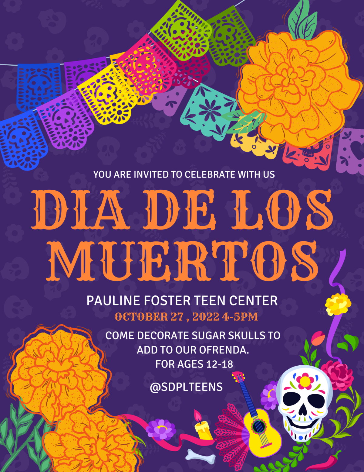 Pauline Foster Teen Center, October 27, 2022, 4pm-5pm. Come decorate sugar skulls to add to our ofrenda. For ages 12-18.