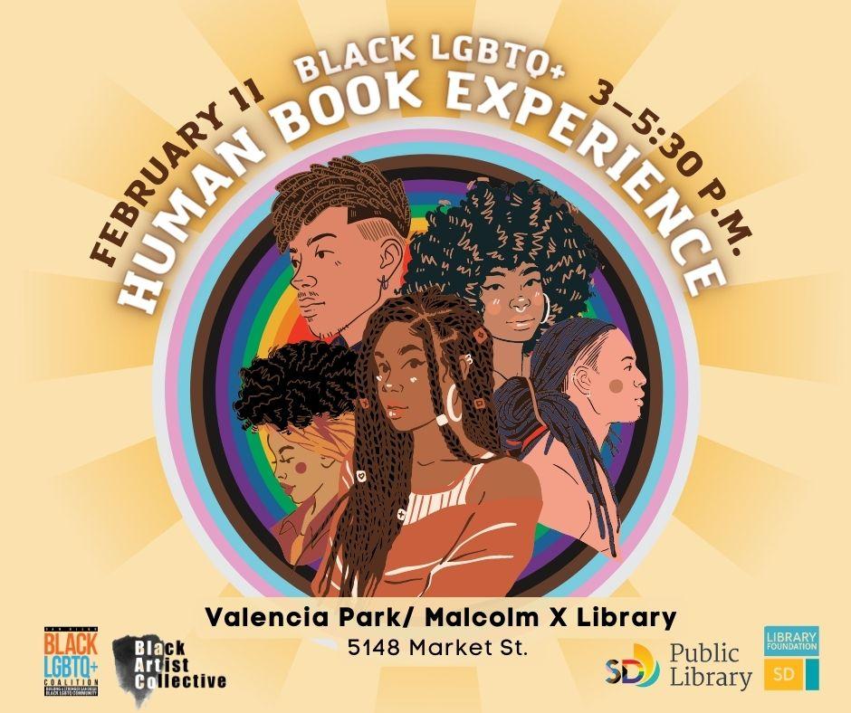 Yellow Flyer with a pride rainbow circle surrounding by glowing yellow rays, in the middle, are  black people with beautiful hairstyles and clothing.