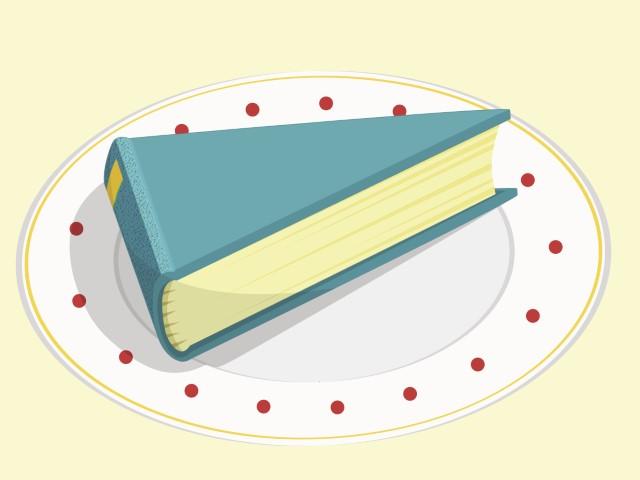 Illustration of a triangular book/slice of pie on a white plate with red polka dots around the edge