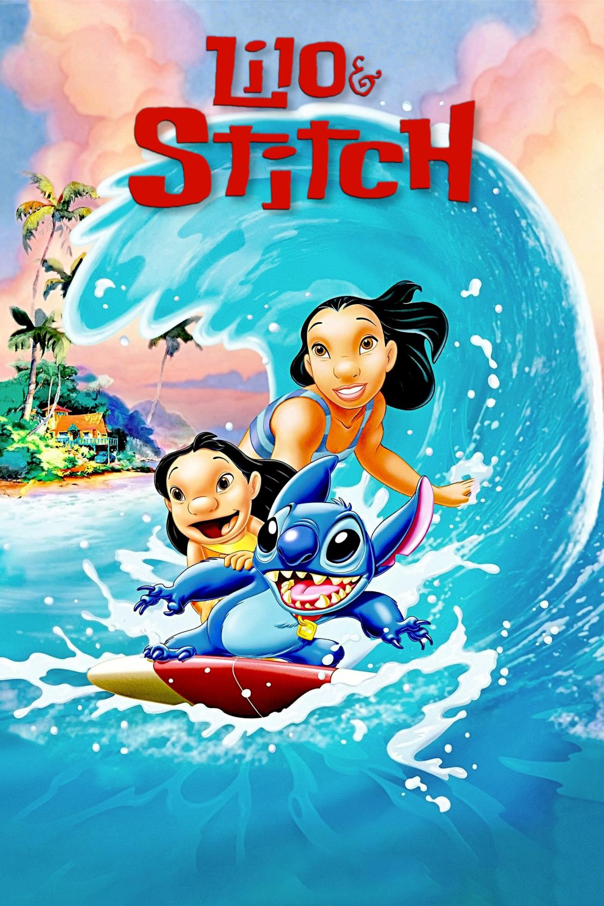 Poster for Lilo and Stitch showing two sisters surfing with a blue monster.