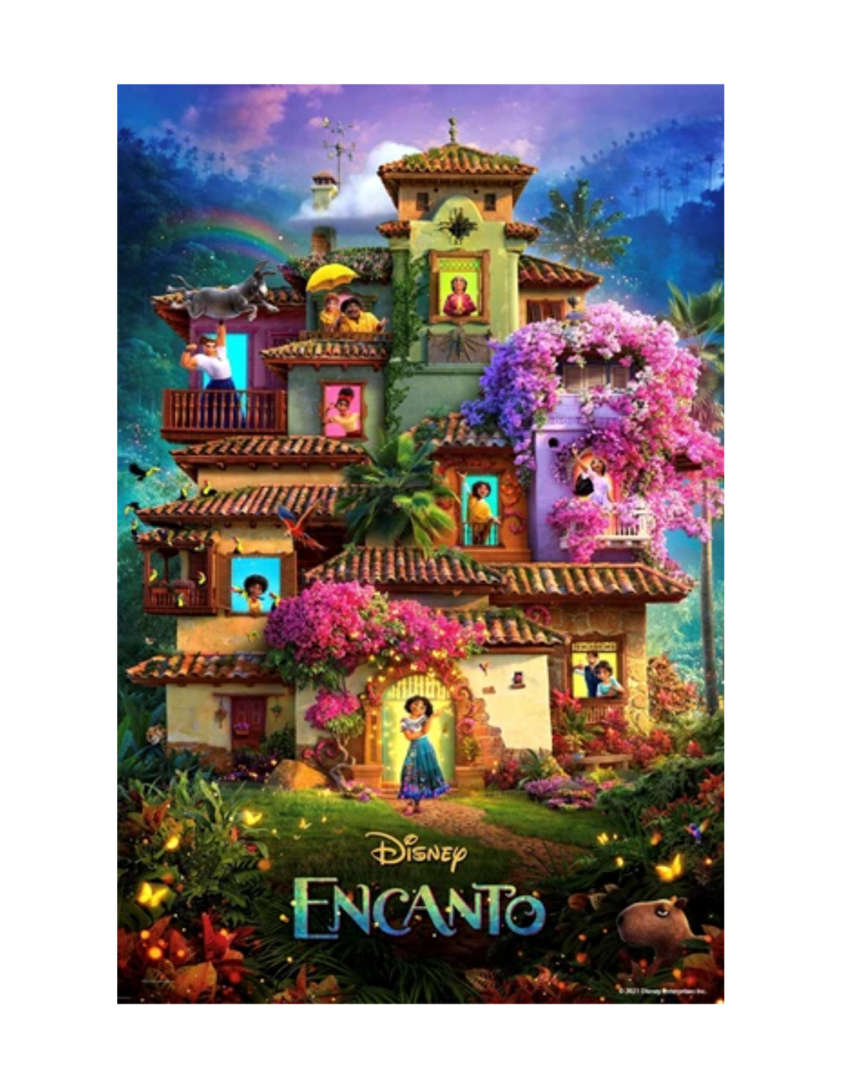 Movie poster for Encanto, featuring character peaking out of various doors and windows of a colorful house. 