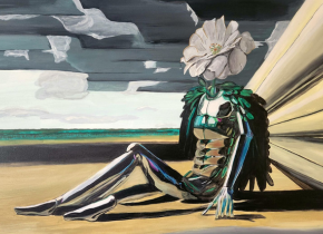 Painting of figure with a metallic body and a flower for a head by artist Jackie Egger.