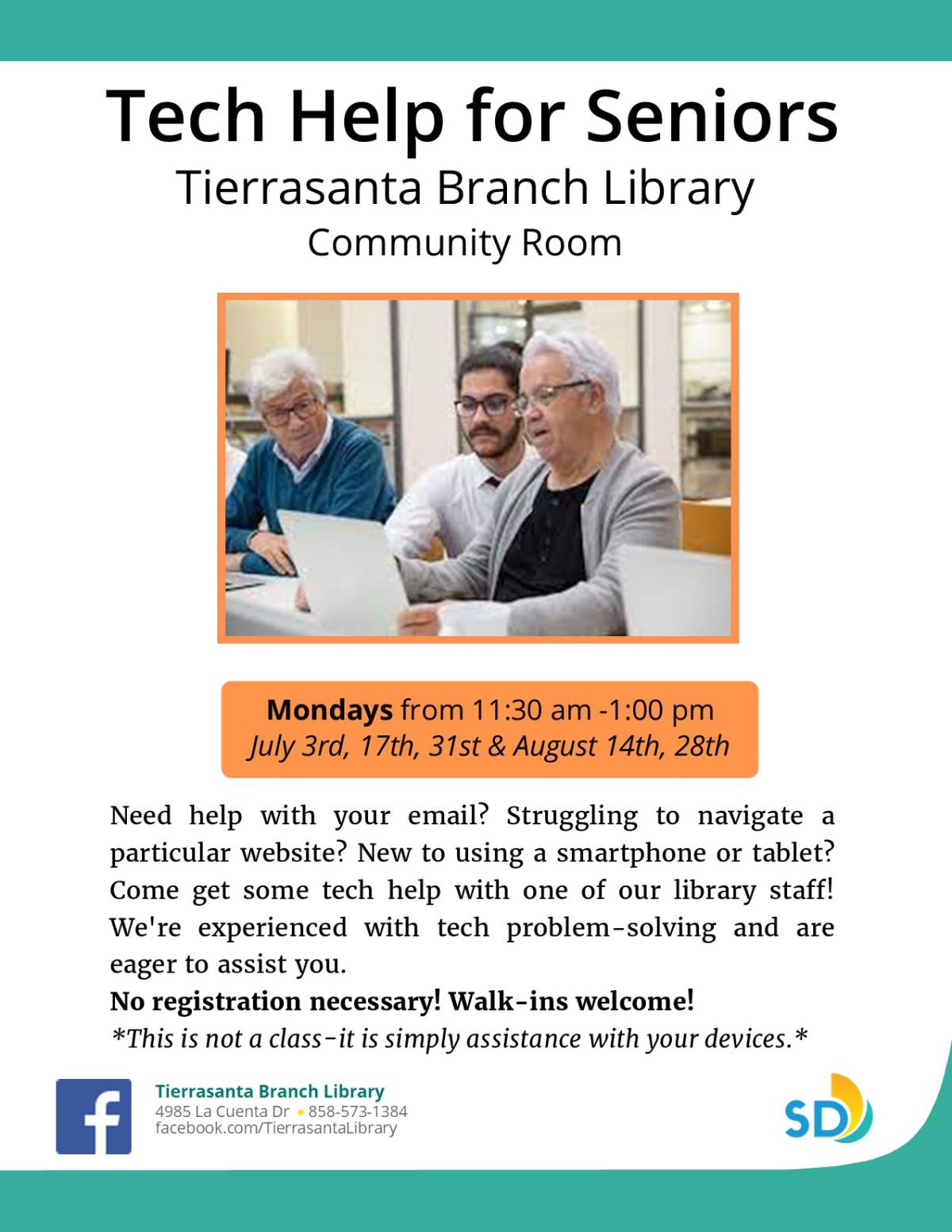 flyer with image of older gentlemen around a laptop at a table talking