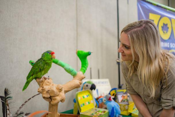 Woman looking at a parrot