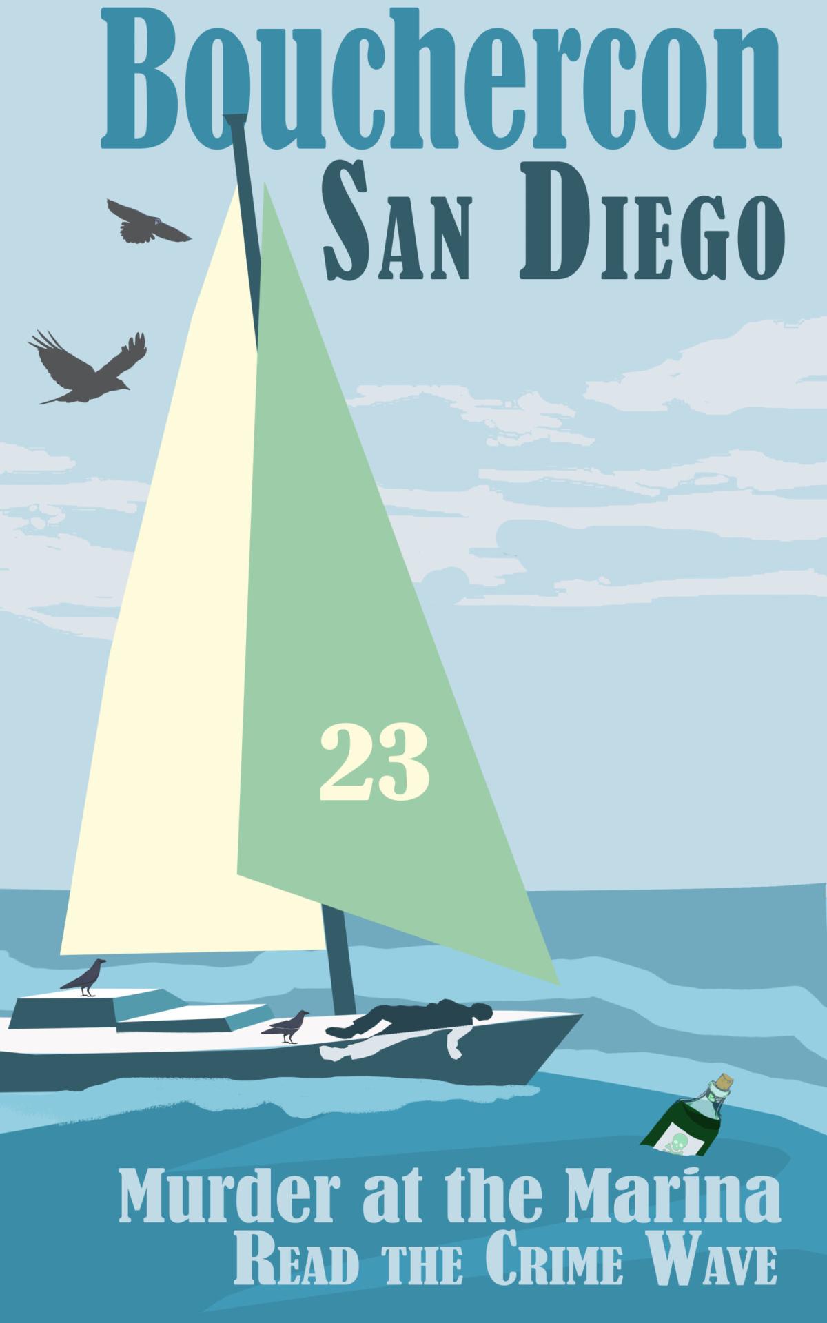 Bouchercon 2023: San Diego logo, sailboat on the ocean