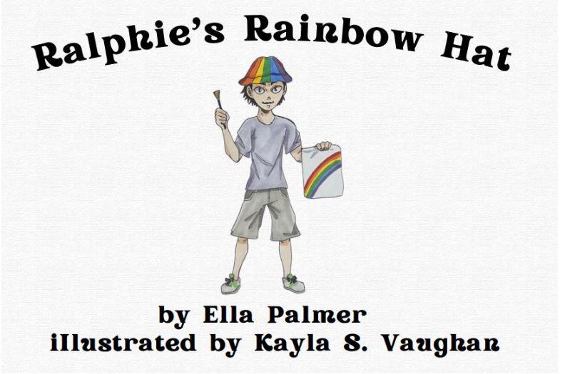 A boy wearing a rainbow hat and holding a book