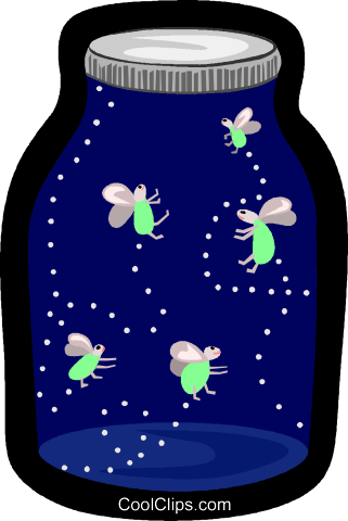 Blue jar with fireflies inside.