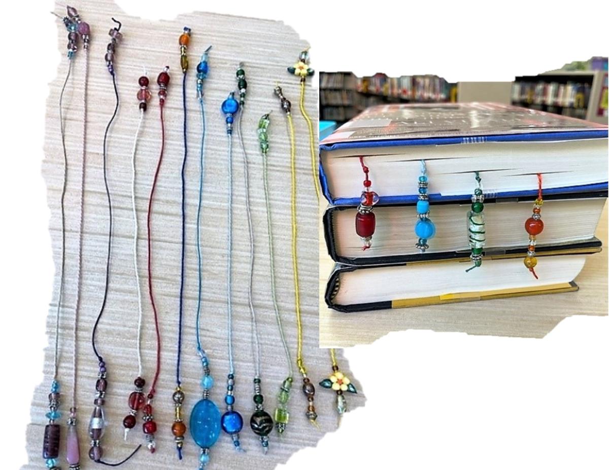 Bookmarks made of cord and multicolored beaded ends