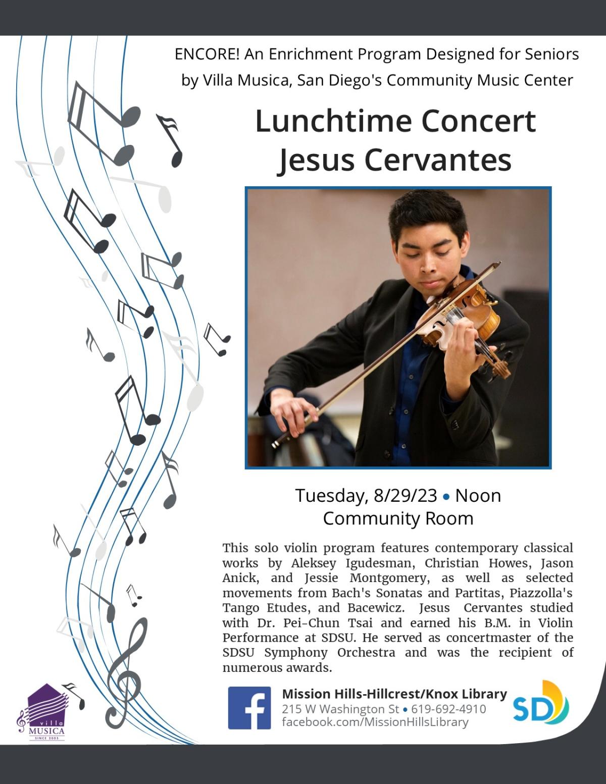 Flyer for concert with photo of Jesus Cervantes playing violin