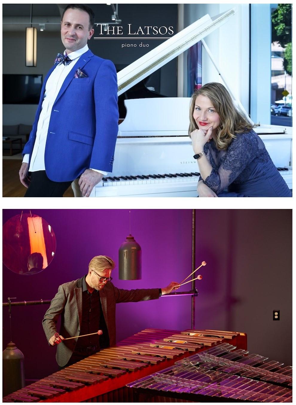 publicity photos, one of the Latsos piano duo, one musician sitting and one standing at piano, and Matthew Coley playing a marimba