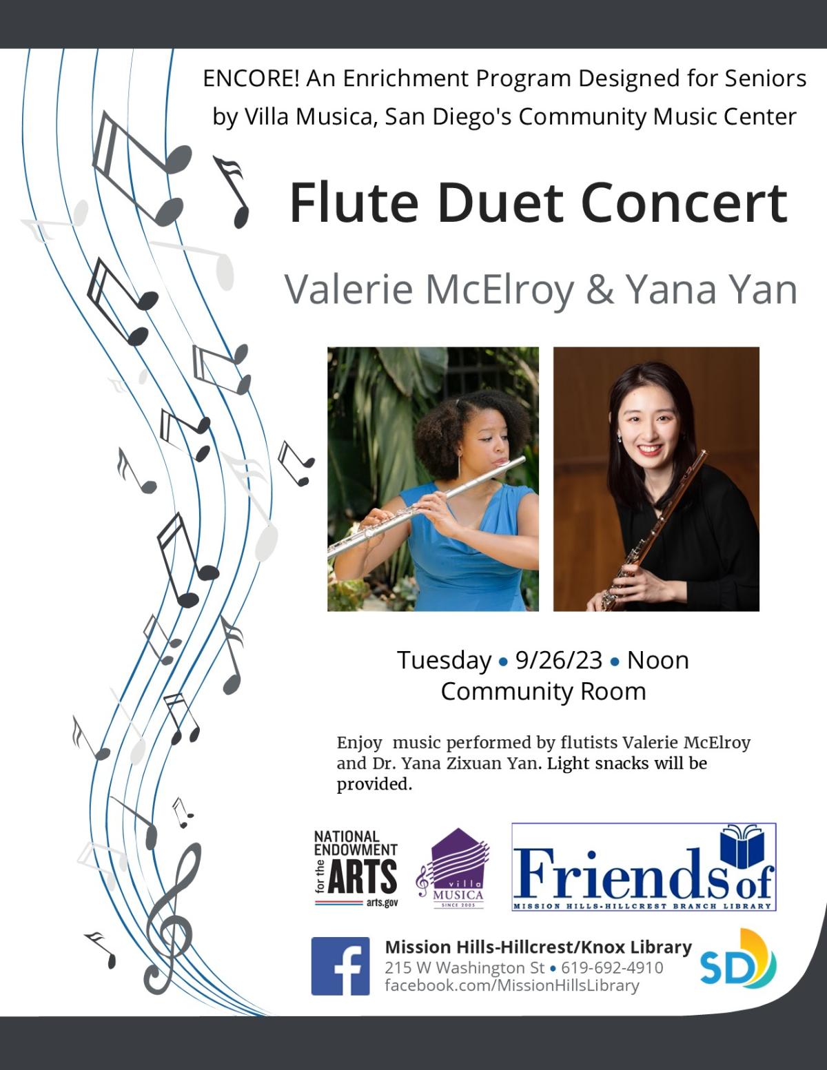 Flyer with information about concert and photos of McElroy and Yan holding flutes