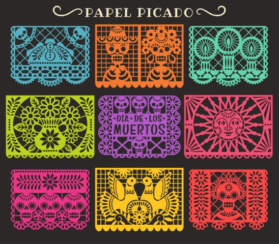 Decorative tissue paper Papel Picado banner in vibrant colors of teal, orange, lime green, purple and red against a black background
