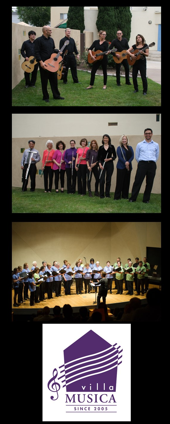 photos of three chamber ensembles and the VM logo