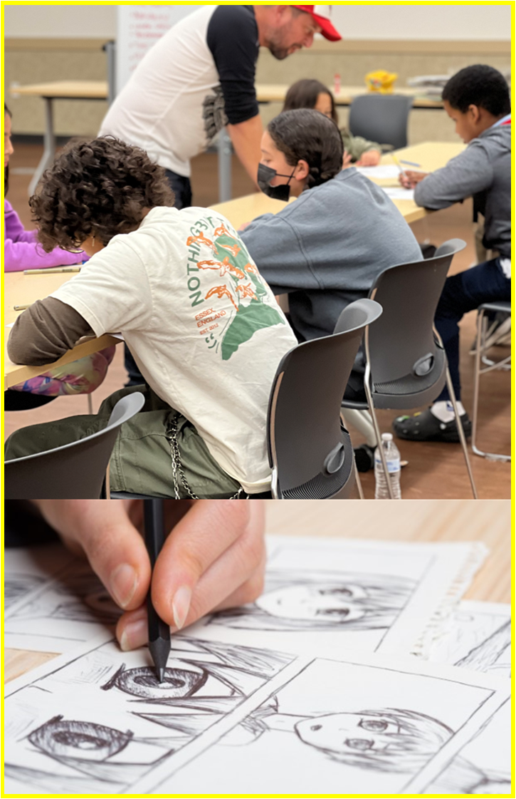 2 photos of people drawing comic art