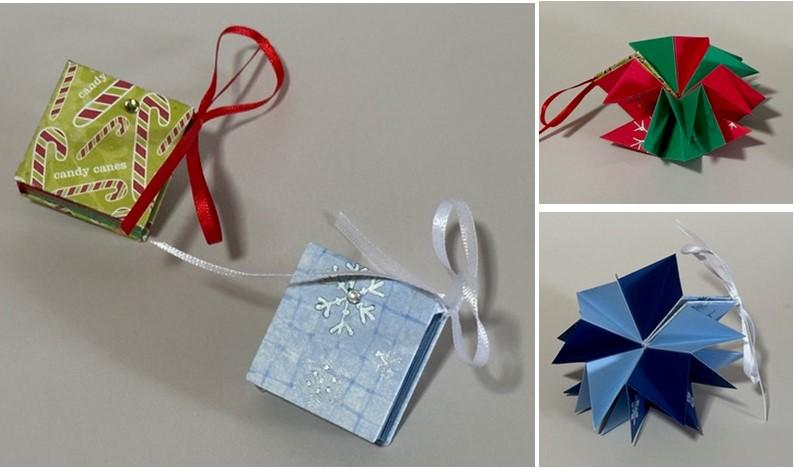 Two handmade books that unfold to make starburst-shaped ornaments