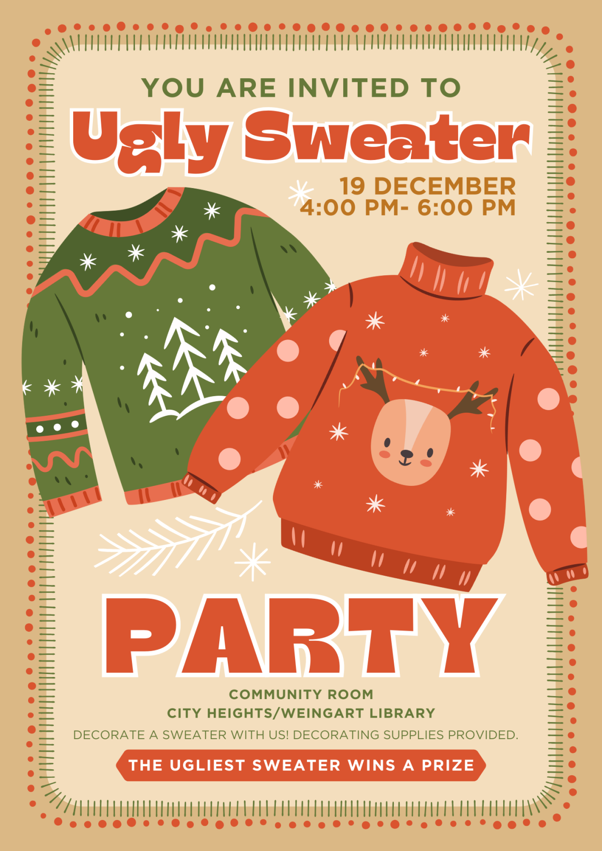 Graphic of holiday sweater decorating party. 