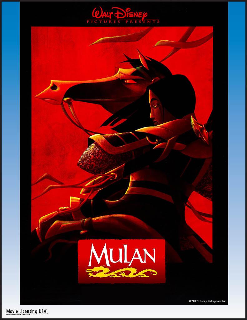 Mulan movie poster, red background, mostly black profile silhouette of Mulan on a horse