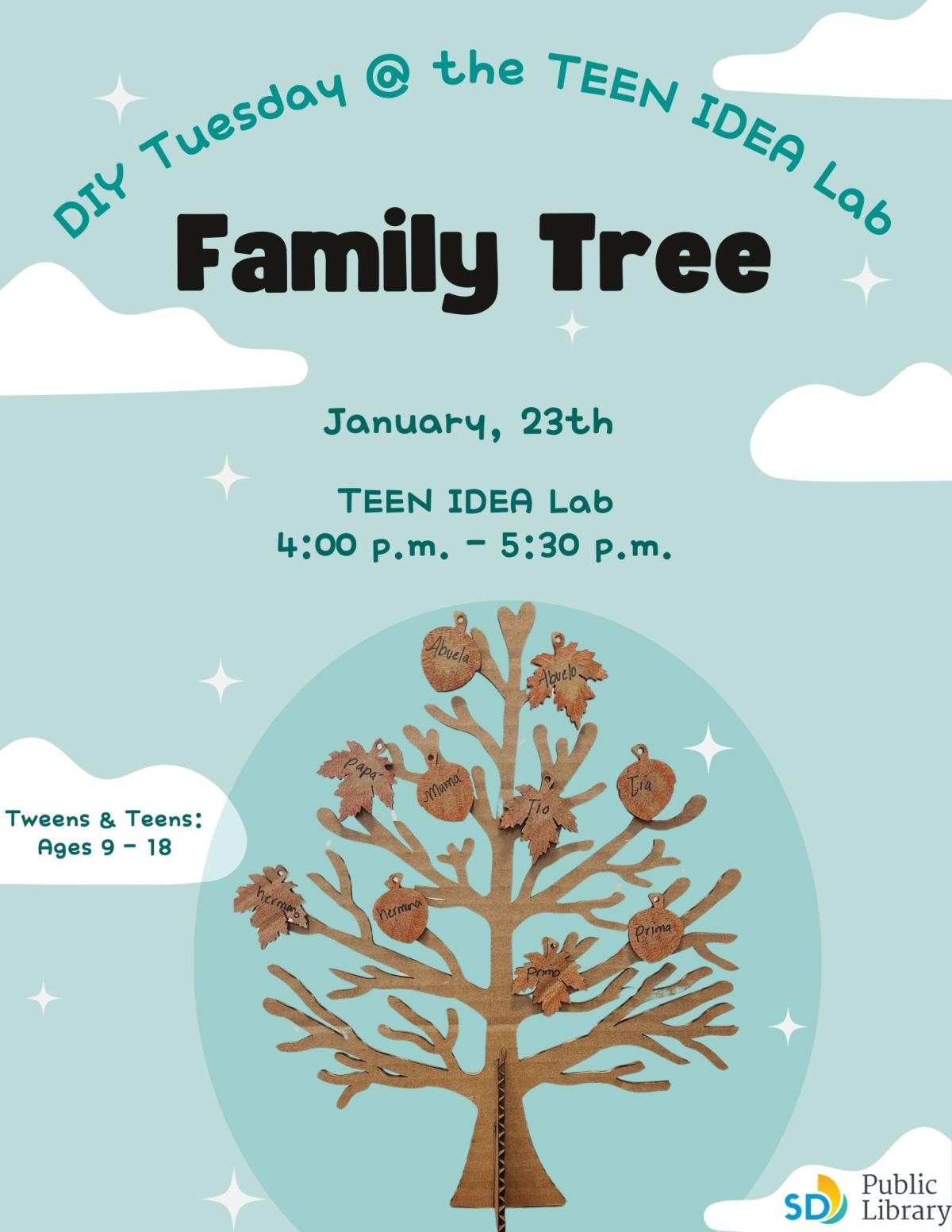 Flyer describing event, tree, clouds, stars