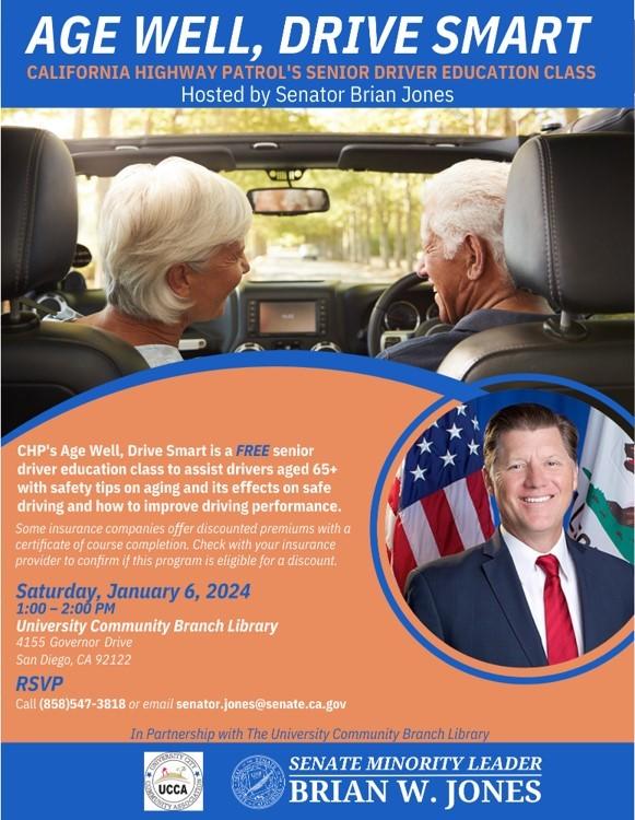 An orange and blue flyer for an event titled Age Well Drive Smart at the University Community Library on January 6th from 1:00PM to 2:00PM. 