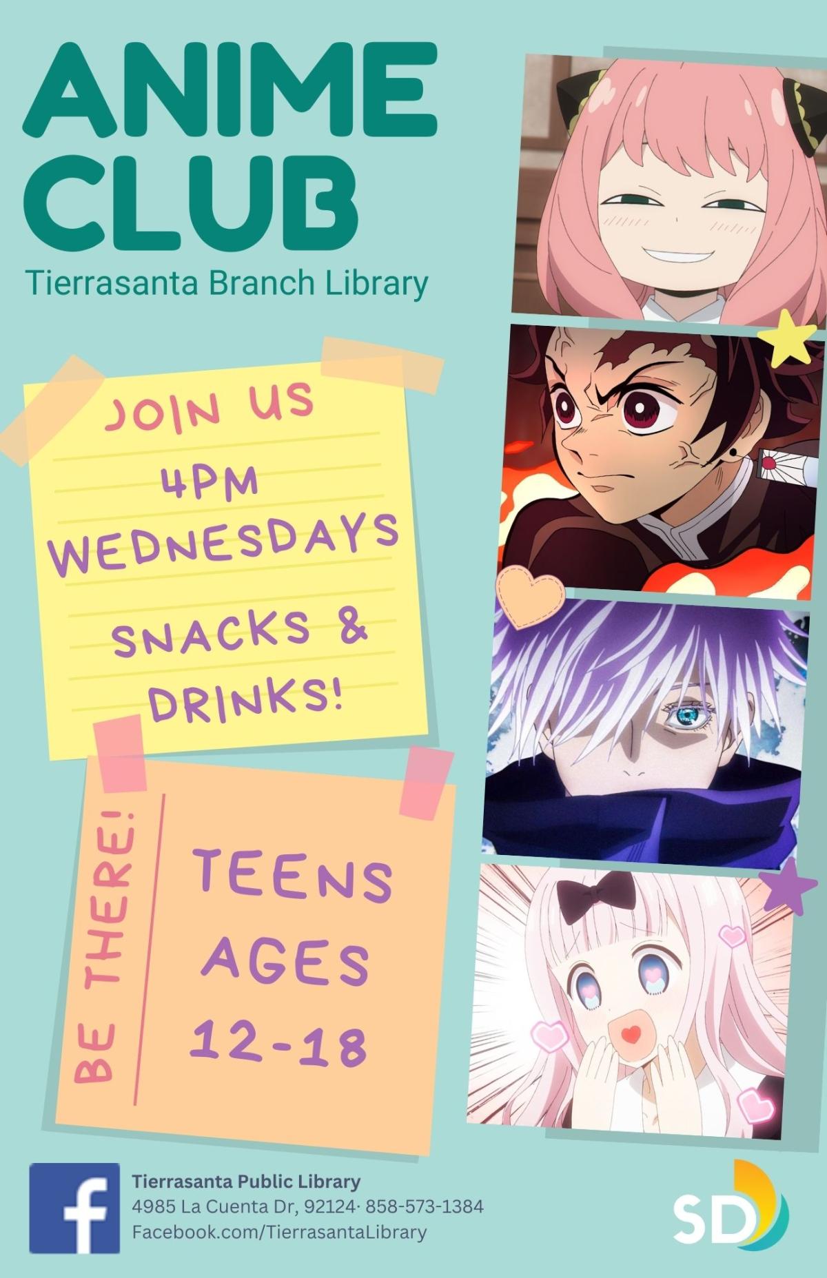 Informational flyer for Anime Club featuring anime characters on a green background.