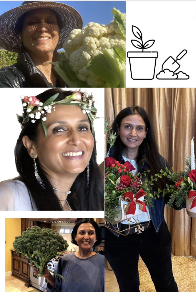 A dark-haired woman carrying flowers and vegetables indoors