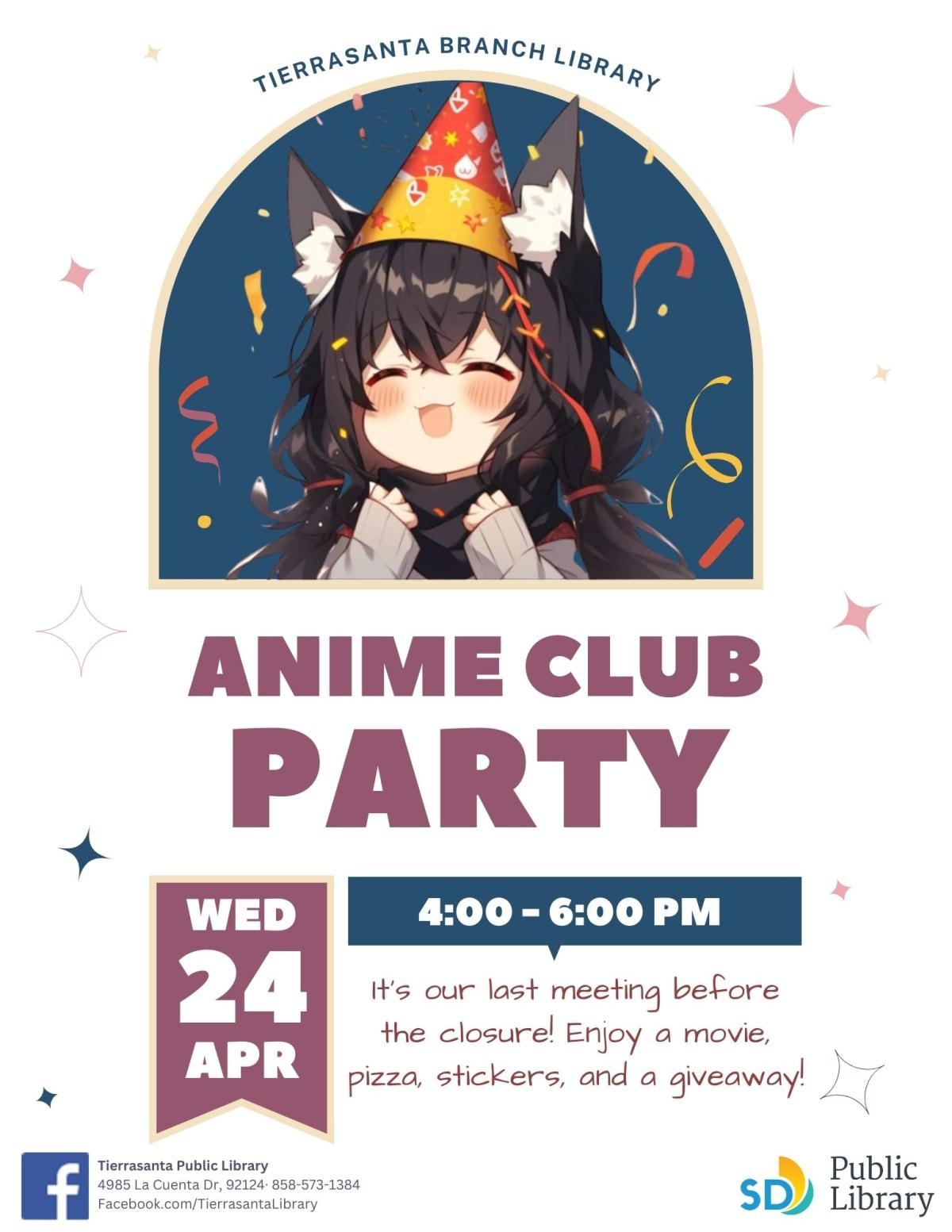 An informational flyer for Anime Club Party featuring an anime character and mauve text on a light background.