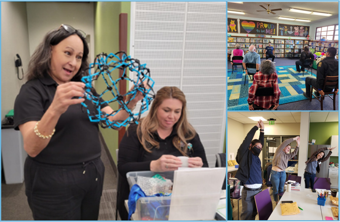 Collage of 3 photos.  First has a woman holding a plastic orb, and the other two have people sitting in chairs and stretching.