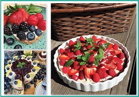 Photos of fruit tarts and cheesecake topped with fruit