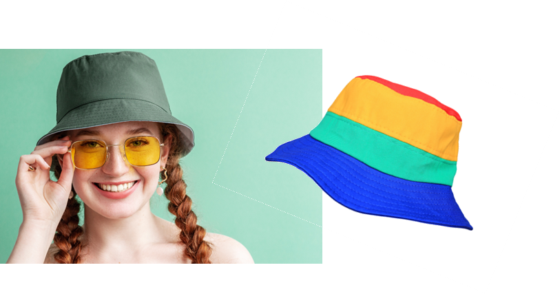 Image of a young woman wearing a solid green bucket hat, with an image of a striped bucket hat.  