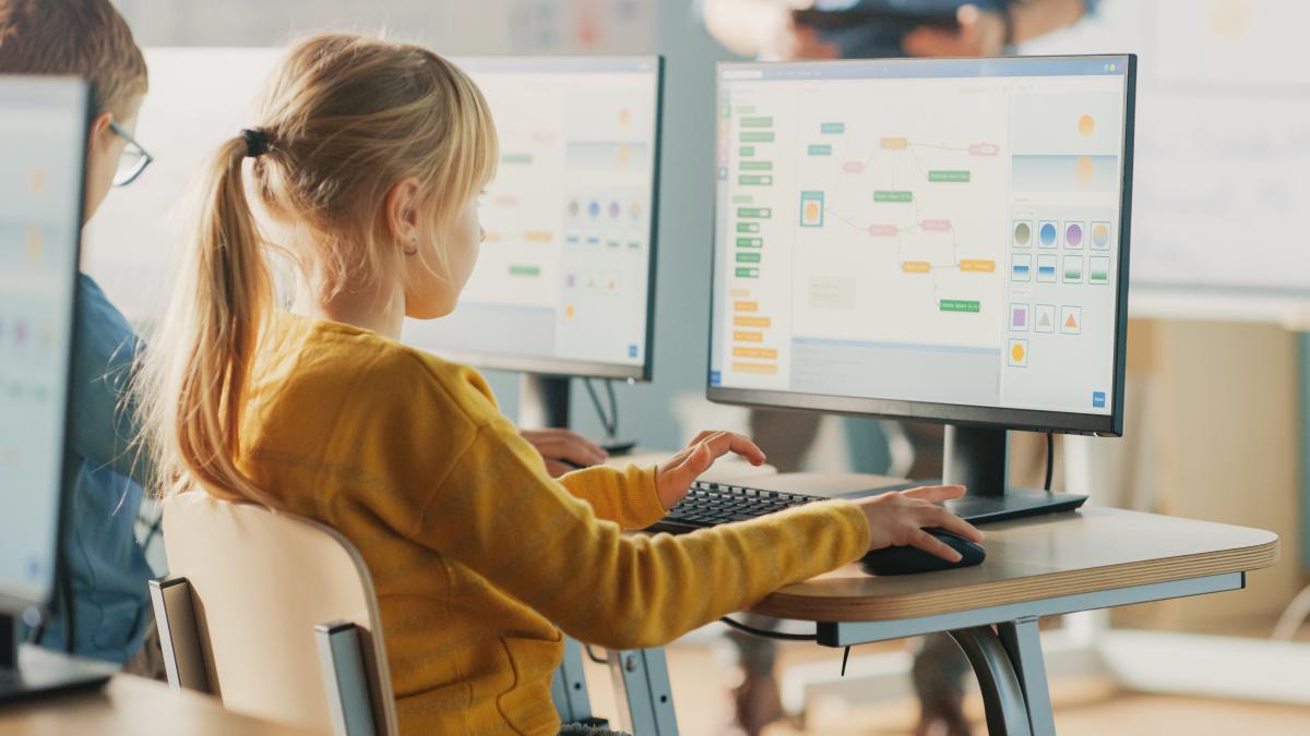 Girl in a computer lab working on computer code.