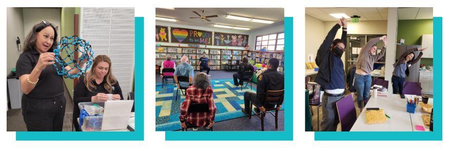 A group of three square images featuring a woman with a manipulative, a group of adults seated in chairs with arms handing to the side, and three adults stretching.