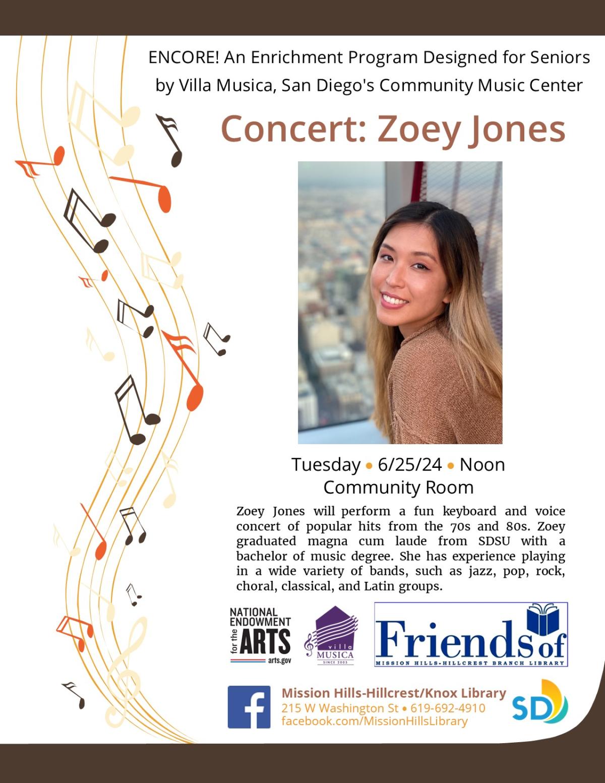 Flyer with concert details and photo of Zoey Jones