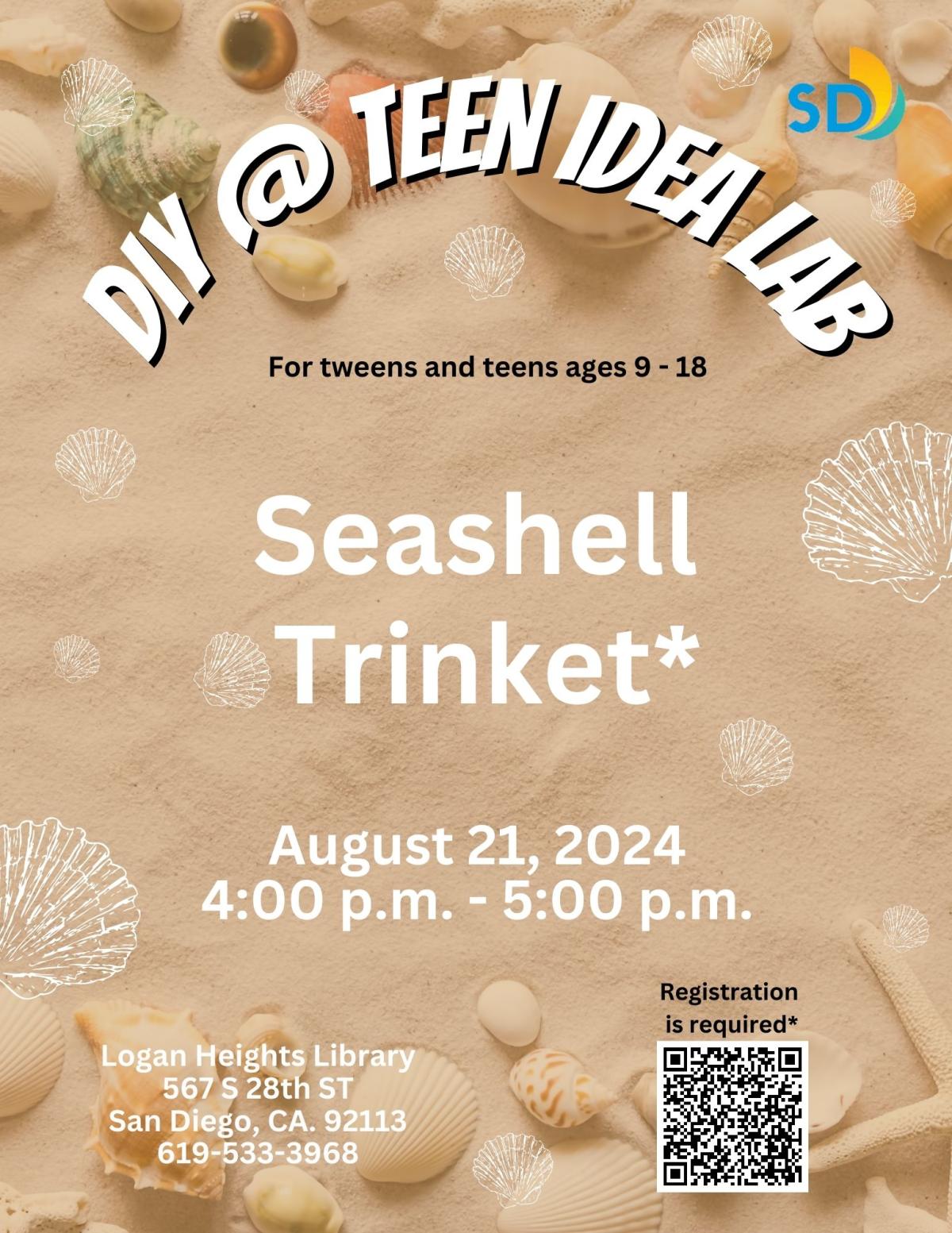 Seashells, sand, qr code, title of craft, library location, time and date