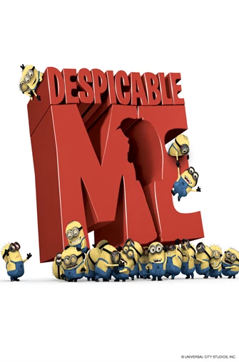 Despicable Me movie poster with red text and many minions