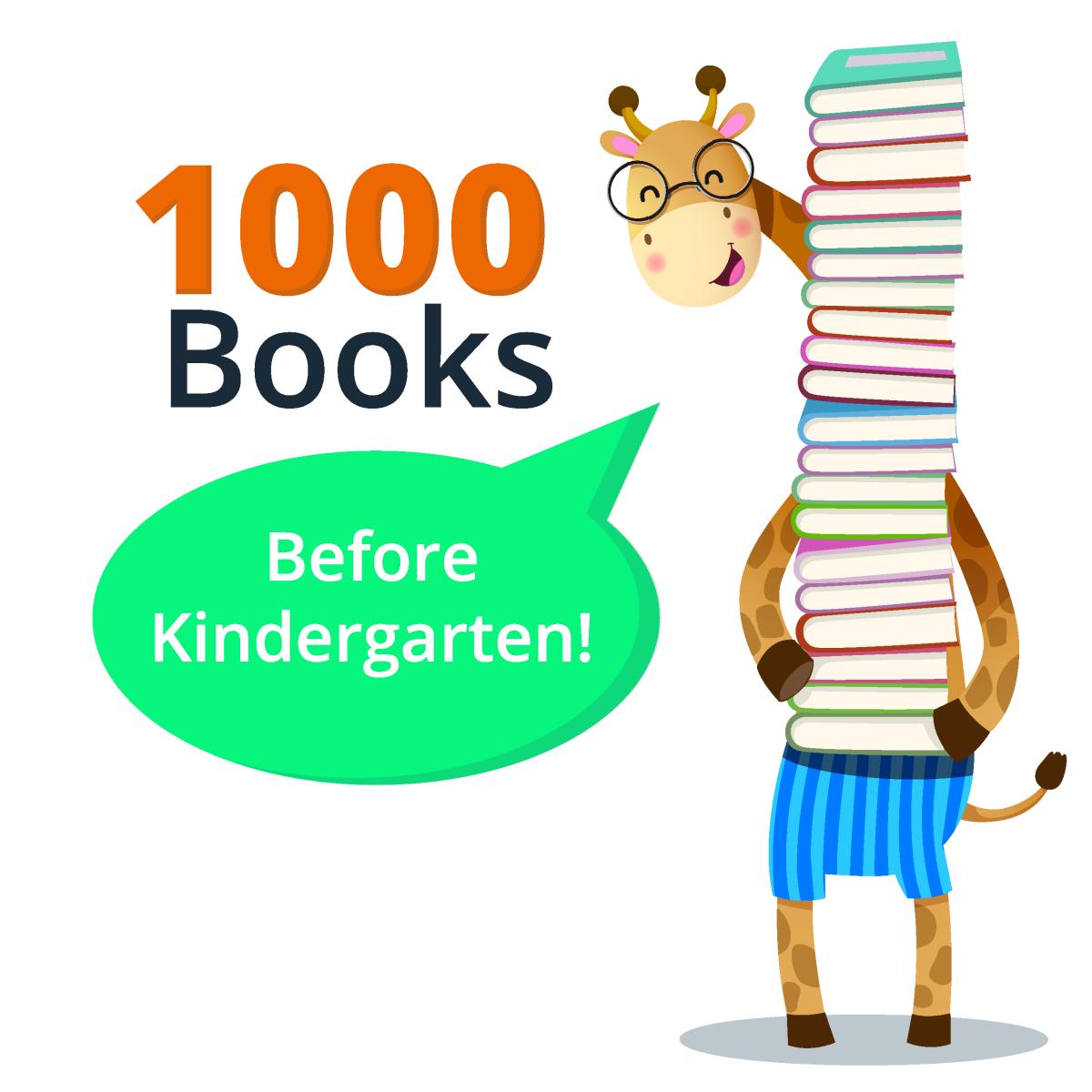 1000 Book Before Kindergarten logo including Hugo the giraffe holding a tall stack of books