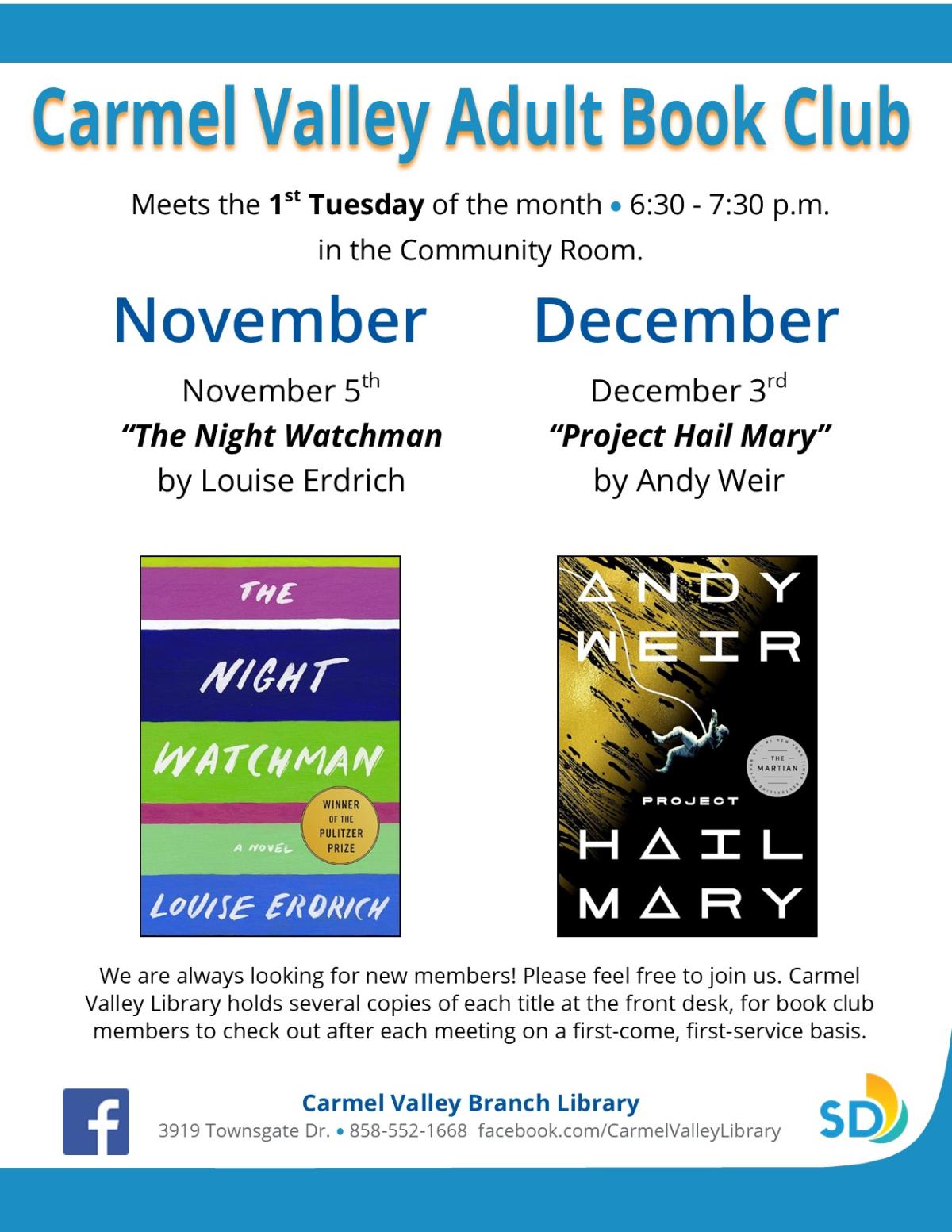 Join the Carmel Valley Library's Adult Book Club. 