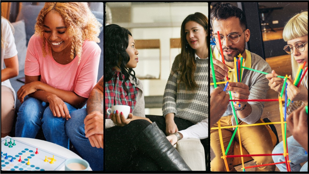 Three photos of people playing games, chatting, and hanging out