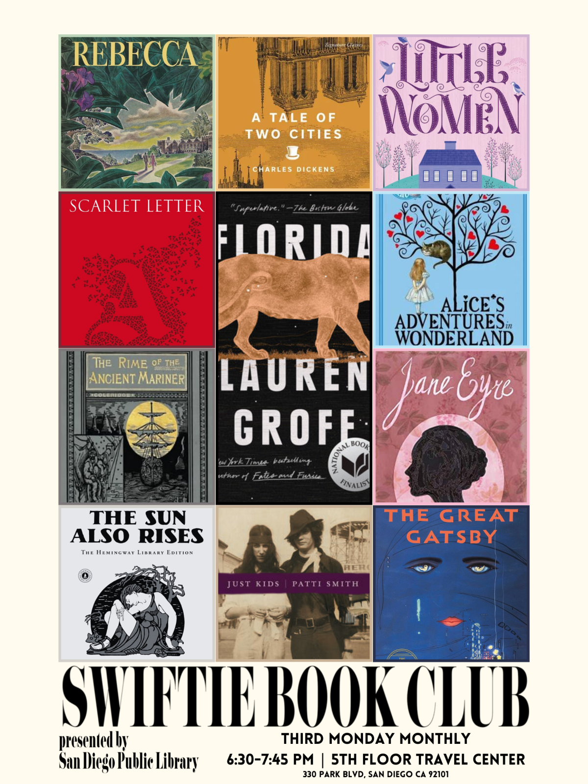 A Swiftie Book Club flyer in the style of The Eras Tour poster, including book covers like The Great Gatsby as each of the "eras". 