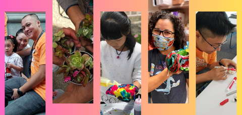 five pictures of people doing crafts at the how-to festival